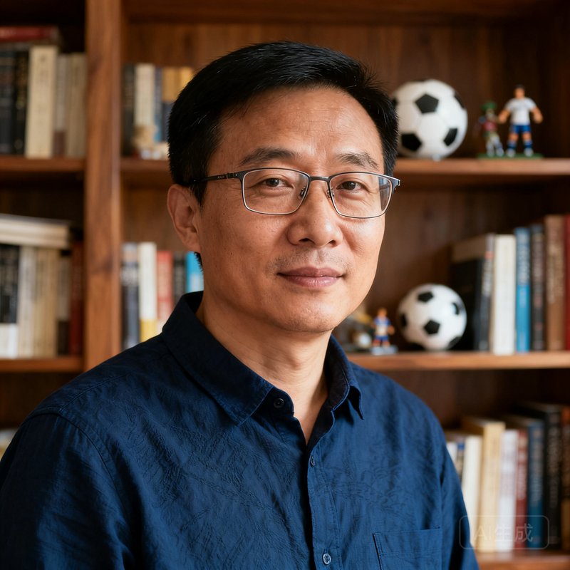 一位戴着眼镜、约35岁的中国男性足球爱好者的半身照，他穿着深蓝色休闲衬衫，背景是家中书房的书架。